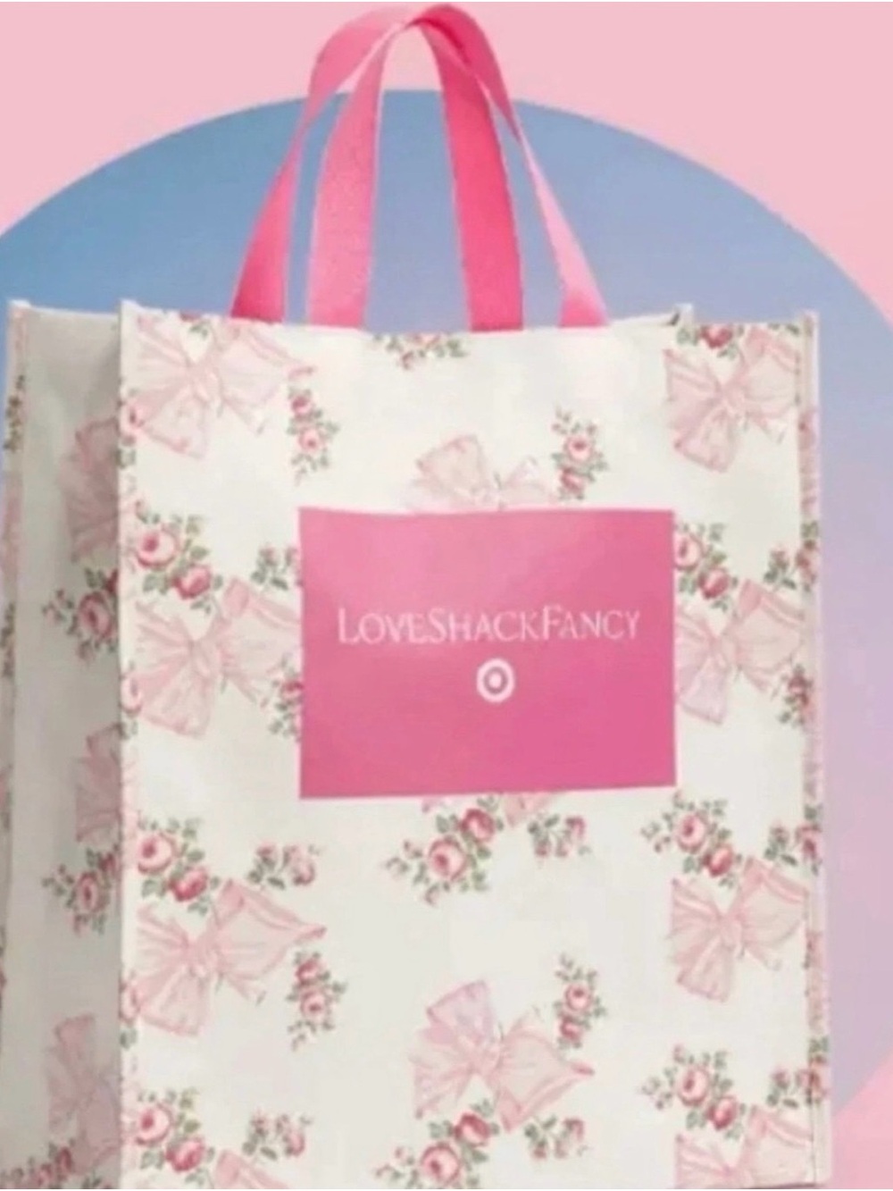 LoveShackFancy Target Viral White Floral Tote with Pink Logo & Handles